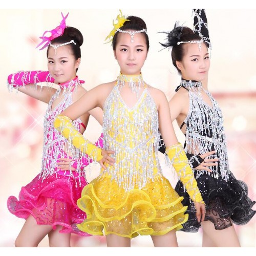 Sequined fringe latin dresses girl's kids children green white black pink  competition stage performance salsa chacha latin dance dresses